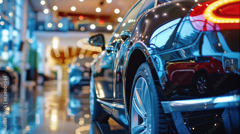 Showroom Display of Luxurious Black Car at Car Dealership Showroom Display of Luxurious Black Car at Car Dealership