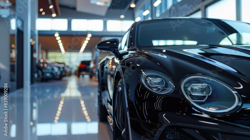 Showroom Display of Luxurious Black Car at Car Dealership