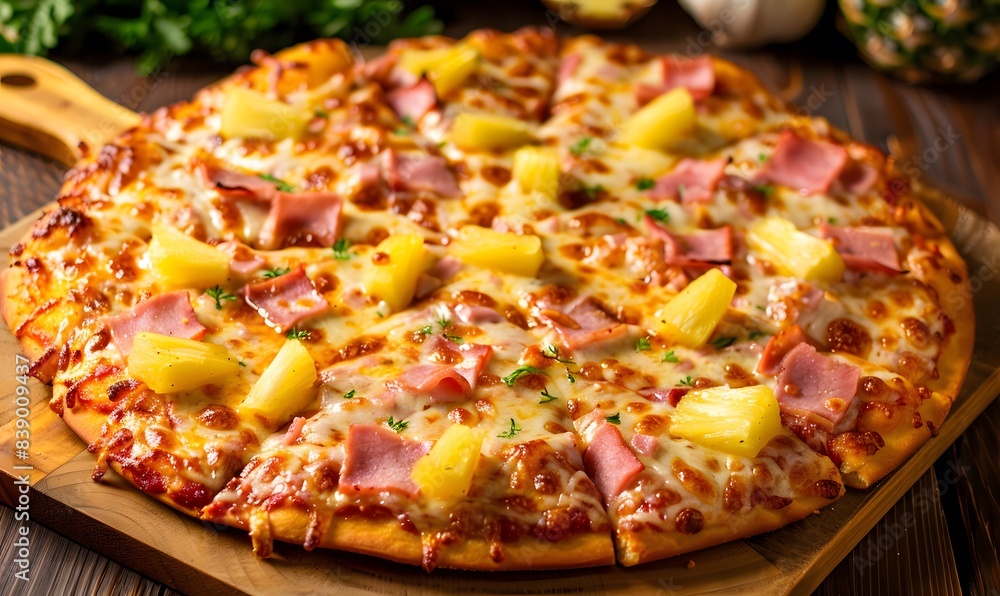 Hawaiian pizza with pineapple and ham on wooden board , Generative AI Hawaiian pizza with pineapple and ham on wooden board , Generative AI