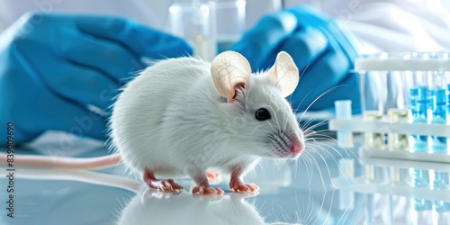A white mouse is standing on the table with some test tube on background in lab photo