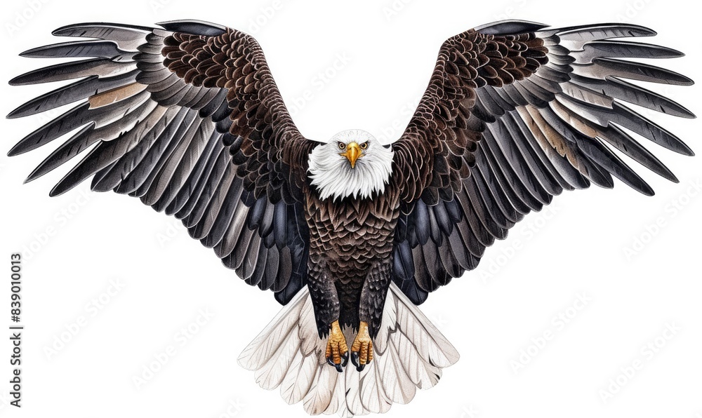 drawing of bald eagle flying with spread wings on white background ...