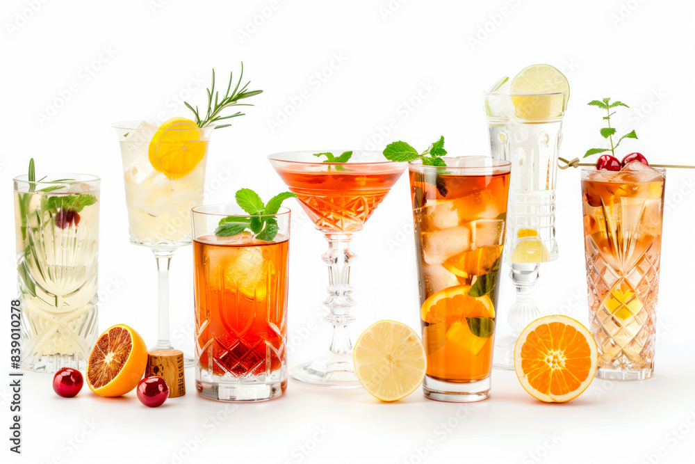 Fototapeta premium Set and collection of non-alcohol cocktails or mocktail isolated on white background with fresh summer fruits