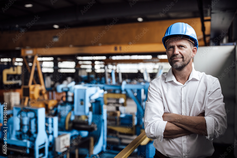 Smiling male entrepreneur with arms crossed standing at factory