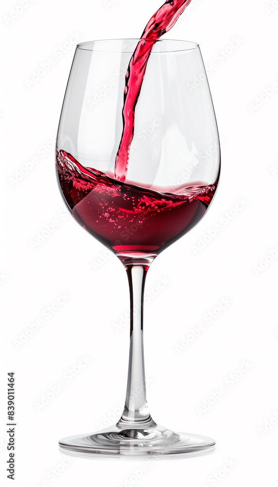 Red wine pouring into glass isolated on white background. Rose wine splashing in glassware. Red wine pouring into glass isolated on white background. Rose wine splashing in glassware.
