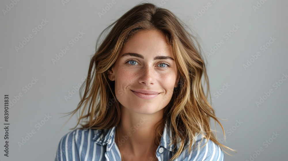 Naklejka premium portrait of happy woman in her thirties, shoulder length brown hair with blonde highlights, blue and white striped shirt on light grey background, soft studio lighting