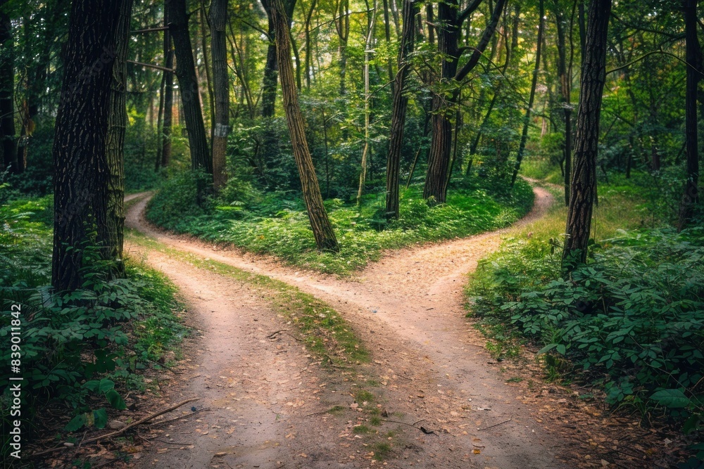 A path diverging into two directions in a dense forest, highlighting the significance of choice and the journey of decision-making.