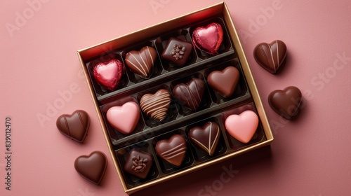 Chocolate hearts in box gift on brown background