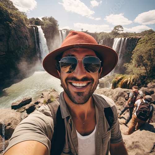 A tourist takes a selfie with a waterfall in the background