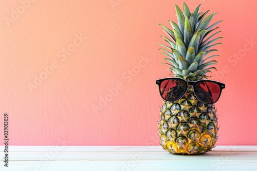 Stylish pineapple with sunglasses and sunblock on pastel background with copy space photo