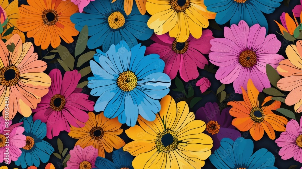 A vibrant illustration of colorful flowers, creating an elegant and playful pattern on dark background. A vibrant illustration of colorful flowers, creating an elegant and playful pattern on dark background.