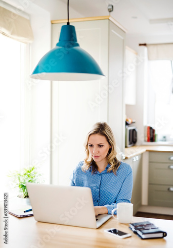 Woman with laptop working at home