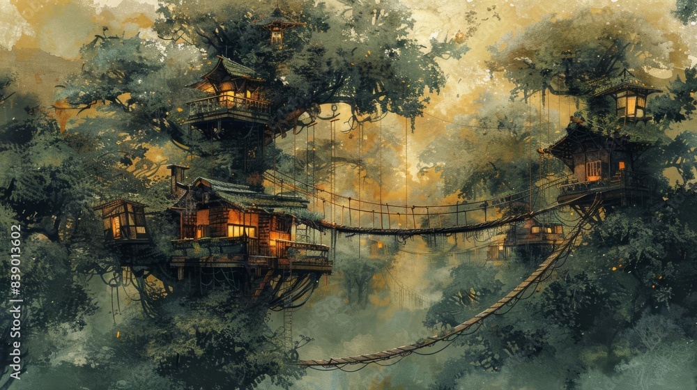 A tree canopy transformed into a living city, with treehouses and rope bridges A tree canopy transformed into a living city, with treehouses and rope bridges