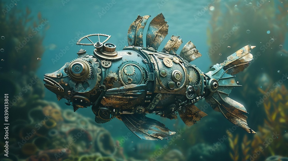 Fish made of gears and clockwork swimming in a clean ocean Fish made of gears and clockwork swimming in a clean ocean