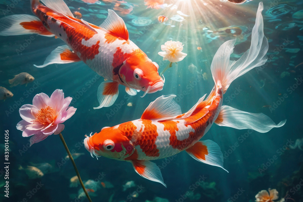 Two bright koi carp swim among flowers under the rays of the sun Two bright koi carp swim among flowers under the rays of the sun