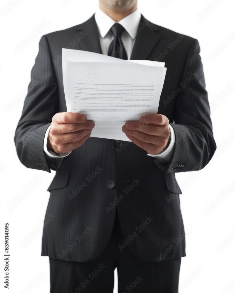 Businessman stands with contract in hand as symbol of agreement or negotiation. Businessman stands with contract in hand as symbol of agreement or negotiation.