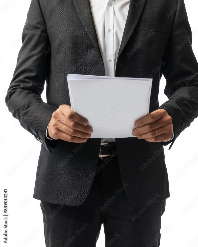 Businessman stands with contract in hand as symbol of agreement or negotiation. Businessman stands with contract in hand as symbol of agreement or negotiation.