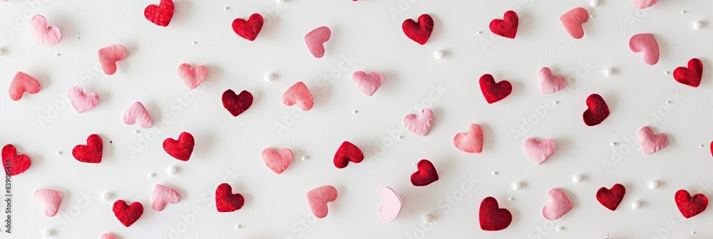 A clean white background with scattered tiny pink and red hearts in a minimalist pattern A clean white background with scattered tiny pink and red hearts in a minimalist pattern