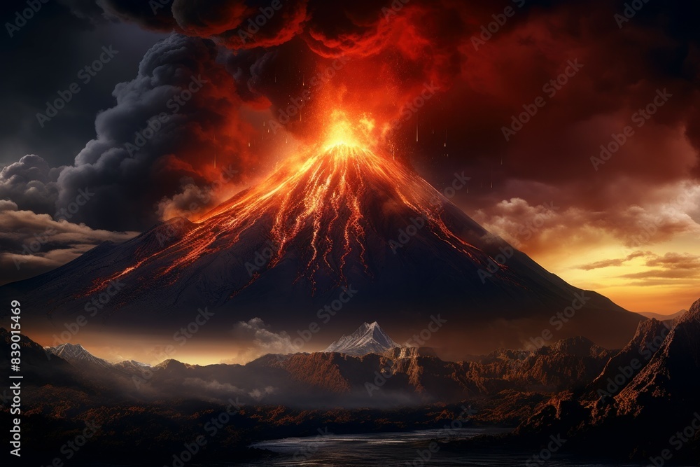 Dramatic landscape featuring a fiery volcanic eruption against a striking sunset sky Dramatic landscape featuring a fiery volcanic eruption against a striking sunset sky