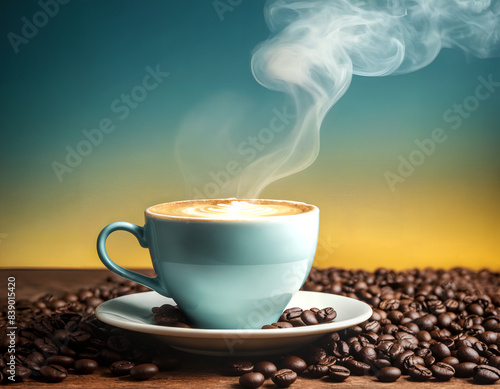 Hot and steaming freshly brewed cup of coffee surrounded by coffee beans. Gradient background from blue to yellow. Concepts of morning rituals, comfort, and coffee culture.