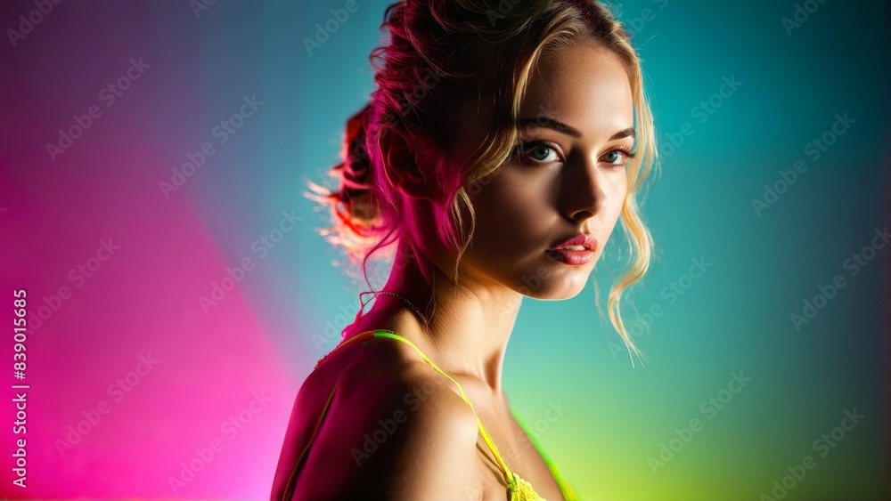 Retro fitness style with model in inspired high cut lingerie vibrant neon colors energetic aerobic Retro fitness style with model in inspired high cut lingerie vibrant neon colors energetic aerobic