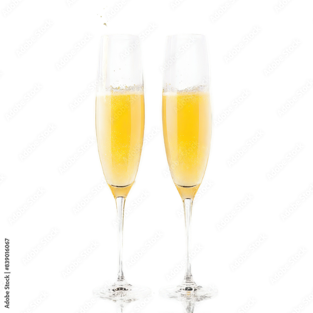 Mimosa glass tall champagne flute one empty and one filled with orange juice and champagne
