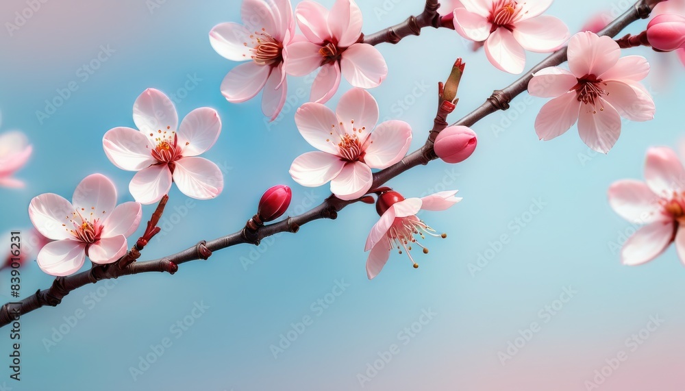 Stunning close-up of a pink cherry blossom branch in full bloom set against a clear blue sky. The delicate flowers and budding blossoms create a sense of springtime renewal and beauty.. AI Generation Stunning close-up of a pink cherry blossom branch in full bloom set against a clear blue sky. The delicate flowers and budding blossoms create a sense of springtime renewal and beauty.. AI Generation