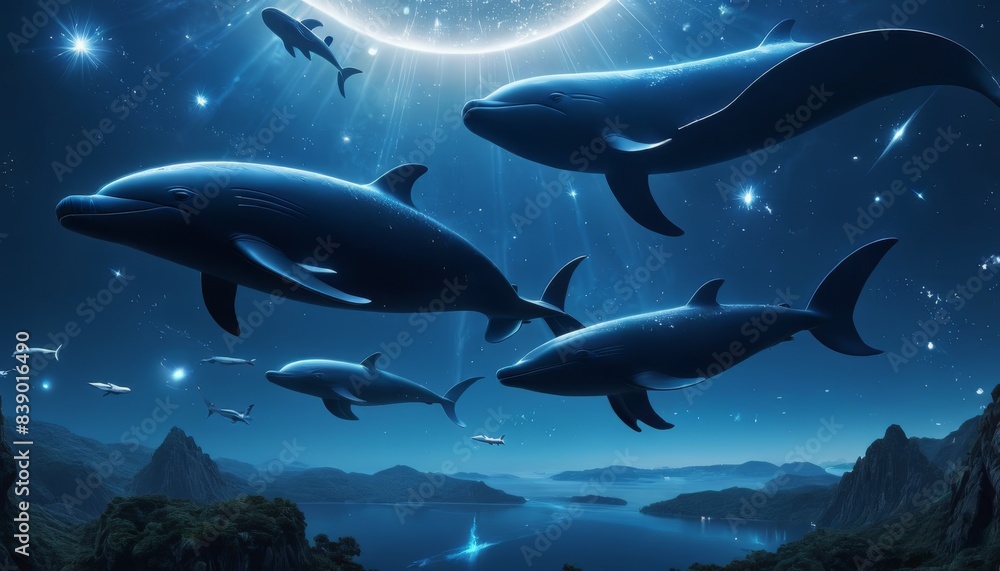 Majestic whales swim gracefully under a luminous, starry night sky. The image portrays a serene, dreamlike scene with a celestial ambiance, blending marine and cosmic elements.. AI Generation Majestic whales swim gracefully under a luminous, starry night sky. The image portrays a serene, dreamlike scene with a celestial ambiance, blending marine and cosmic elements.. AI Generation