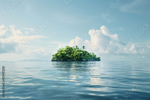 A small lush tropical island with dense greenery and palm trees surrounded by calm blue ocean waters on a clear day