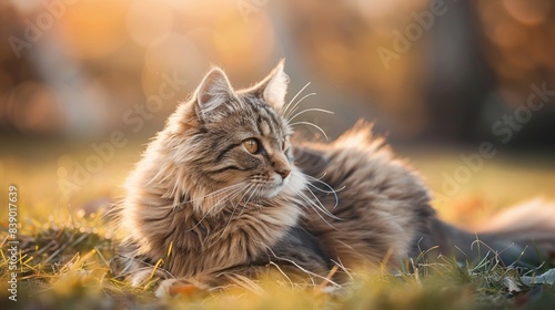 Cute siberian cat relaxing on the grass