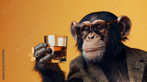 Surreal Portrait of Impish Chimpanzee Drinking Whiskey in Everyday Attire photo