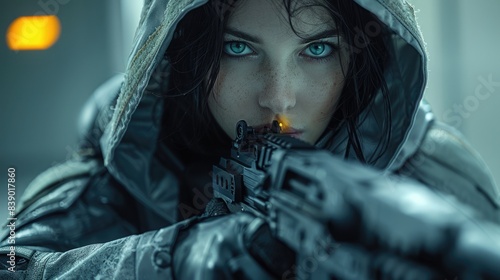 Futuristic woman in hooded leather jacket with night vision helmet and assault rifle
 photo