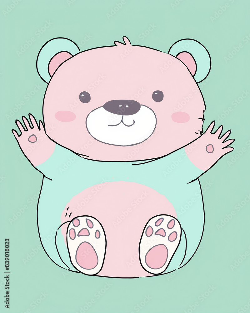 Minimalistic, Symmetrical Full-Body Bear Cub Drawing in Pastel Colors Light Pink, Baby Blue, Lavender, Mint Green with Humorous Style and Funny Smiling Face Ideal for Creative Stock Illustrations