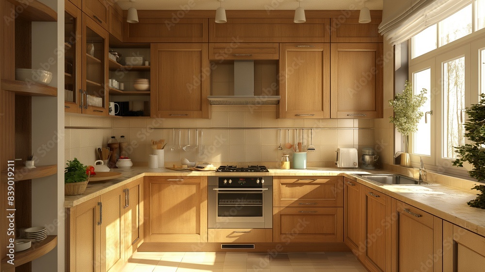 Fototapeta premium Wood cabinet sink, modern apartment home kitchen interior