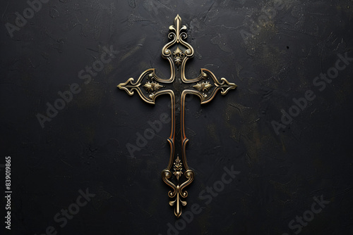 An ornate metal cross with intricate details stands out against a dark textured background highlighting its elegance