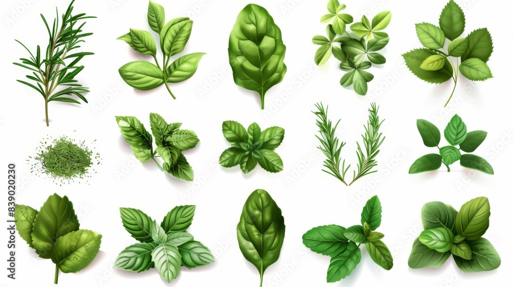 Realistic set of rosemary, mint, spinach, hop, thyme, bay leaf. Realistic set of rosemary, mint, spinach, hop, thyme, bay leaf.