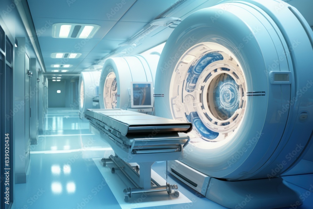 Modern, high-tech mri machine in a clean, bright hospital room Modern, high-tech mri machine in a clean, bright hospital room