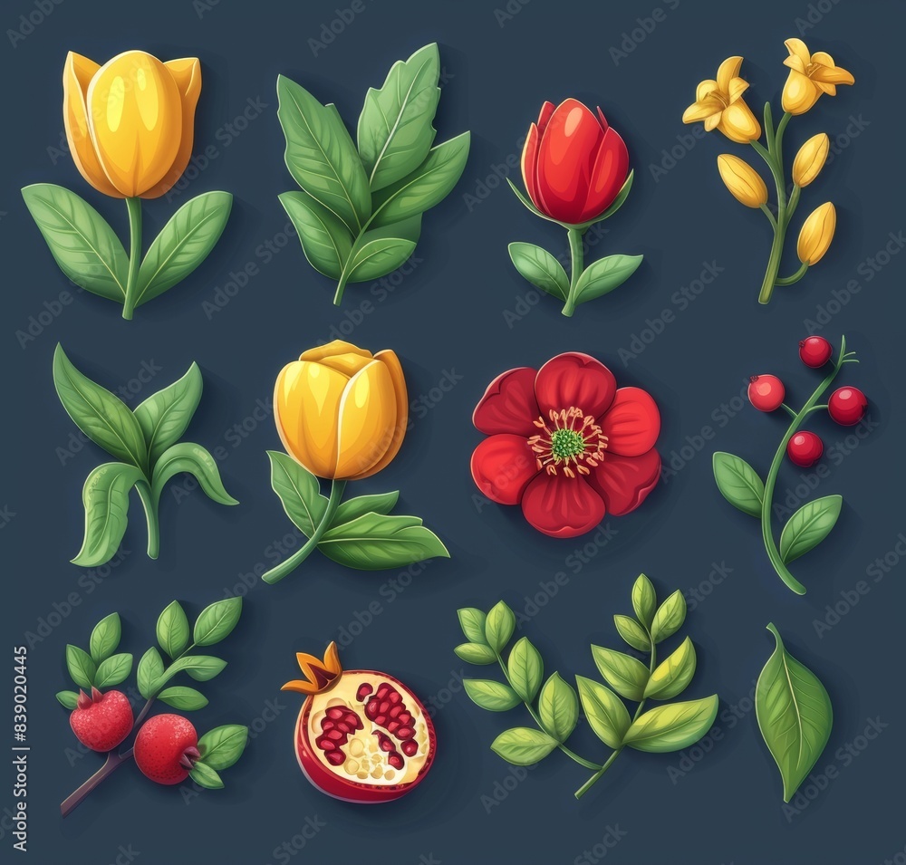 Obraz premium Three-dimensional set of plants and flowers. Illustration in plasticine.