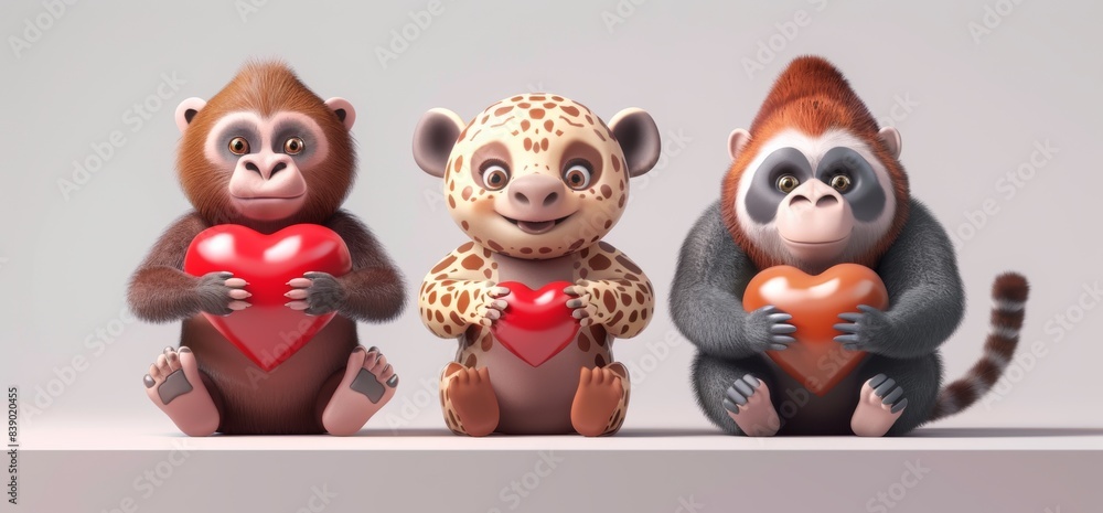 Fototapeta premium Cartoon characters of sloths, leopards, and monkeys. Modern illustration of 3D animals