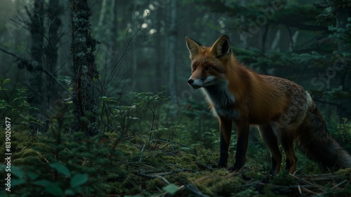 A fox is standing in the woods, looking at the camera. The image has a peaceful and serene mood, as the fox is surrounded by nature and he is enjoying its surroundings