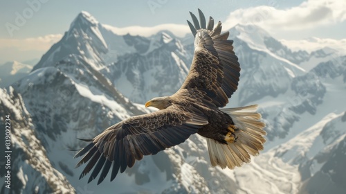 A bald eagle is flying over a snowy mountain range. The eagle is soaring high in the sky, with its wings spread wide. The scene is serene and majestic, showcasing the beauty of nature