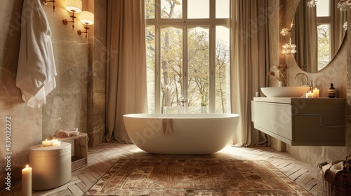 A large bathtub sits in a bathroom with a view of a forest. The room is decorated with a lot of plants and has a cozy, relaxing atmosphere