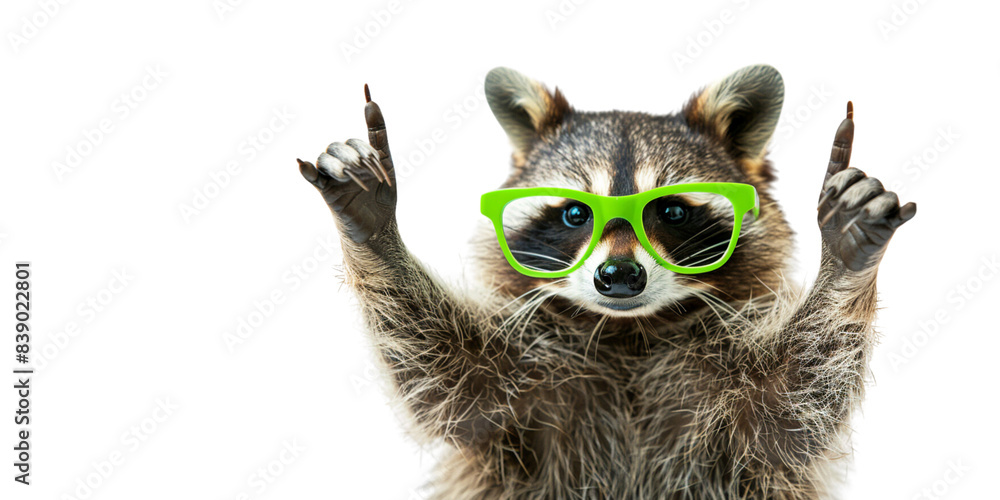 Fototapeta premium raccoon in green glasses on a white background