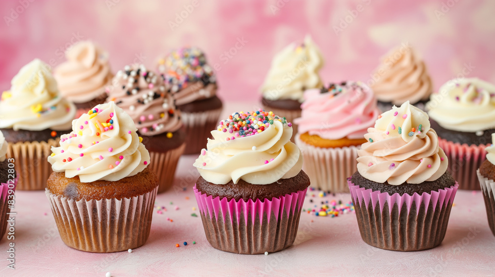 Cupcakes with pink and blue frosting, topped with sprinkles, set against a light teal pastel background. Confetti in the background adds a vibrant, celebration vibe.