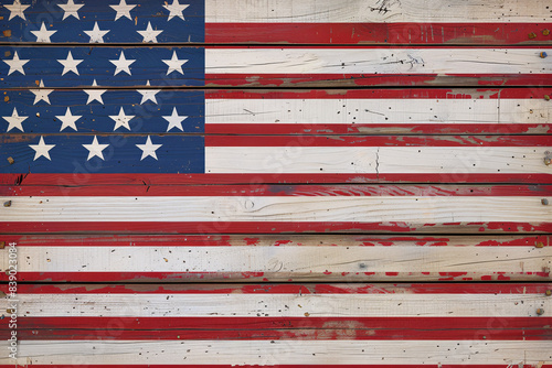 A distressed American flag with weathered wood emphasizing a vintage and patriotic design with rustic textures