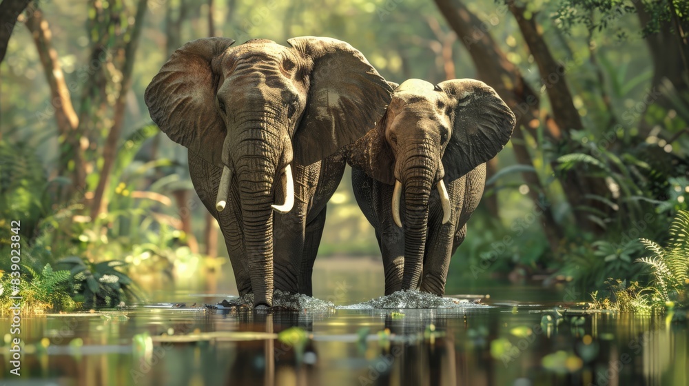 Fototapeta premium Two elephants are standing in a pond, one of which is looking at the camera. The scene is peaceful and serene, with the elephants and the water creating a sense of calmness
