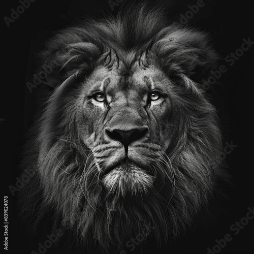A lion's face is shown in black and white