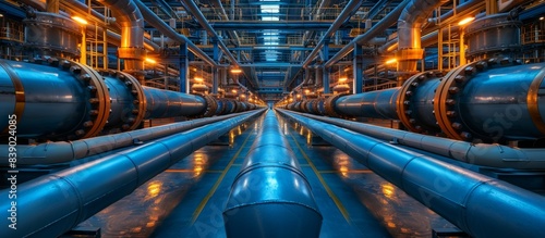 Industrial area, Steel pipelines and valves. Panoramic image.