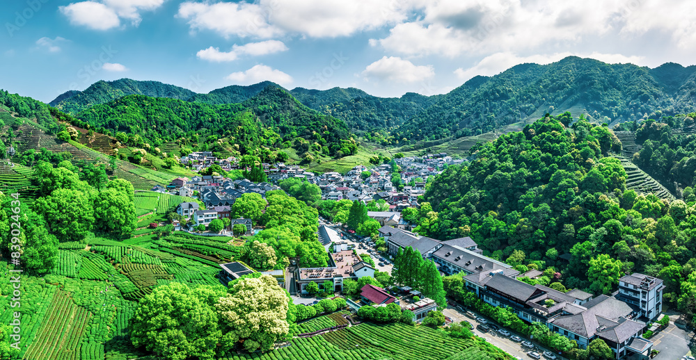 Tea plantation mountains and villages in spring Tea plantation mountains and villages in spring