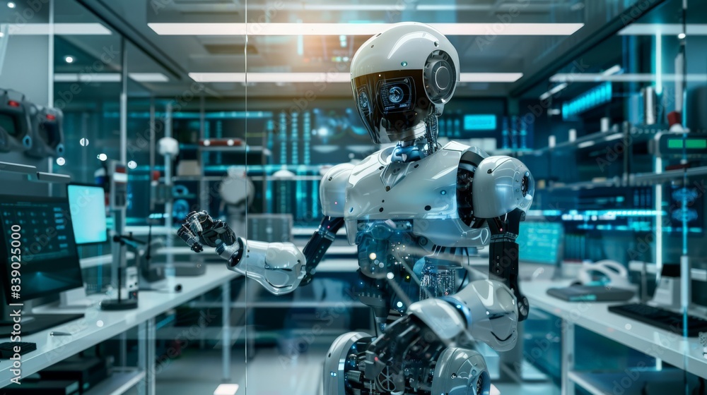 A man in a lab coat is working on a robot. The robot is white and has a blue heart. The scene is set in a lab with various equipment and monitors. Scene is scientific and futuristic A man in a lab coat is working on a robot. The robot is white and has a blue heart. The scene is set in a lab with various equipment and monitors. Scene is scientific and futuristic