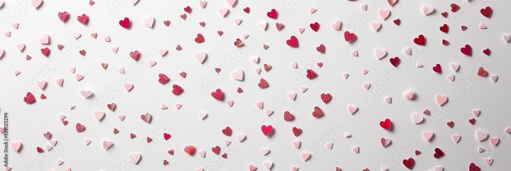 A clean white background with scattered tiny pink and red hearts in a minimalist pattern A clean white background with scattered tiny pink and red hearts in a minimalist pattern